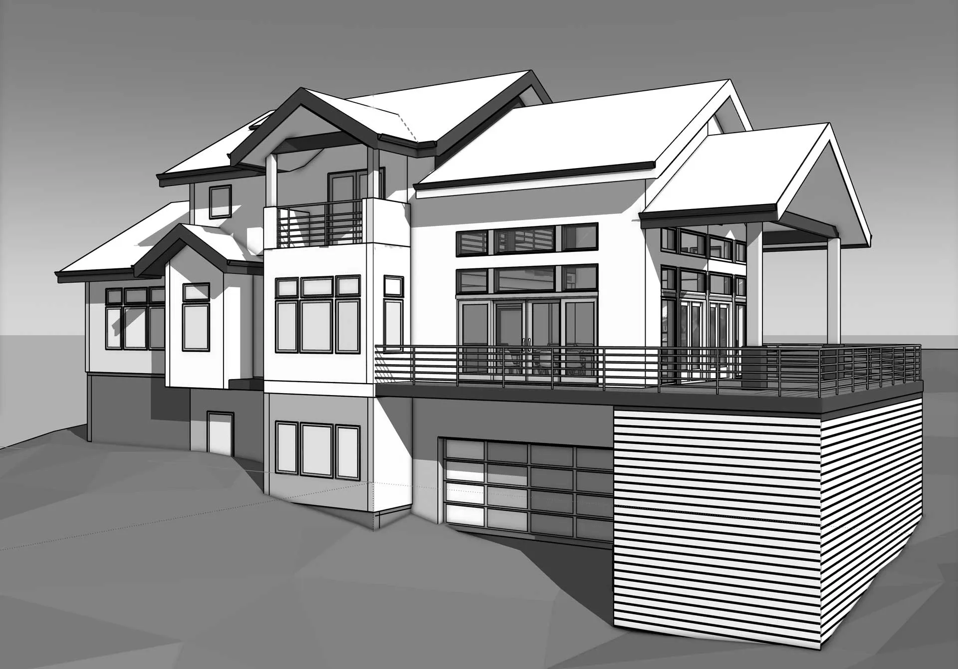 Grayscale architectural rendering of the 863 Blackwood Court residence showing the balcony, garage, and massing.